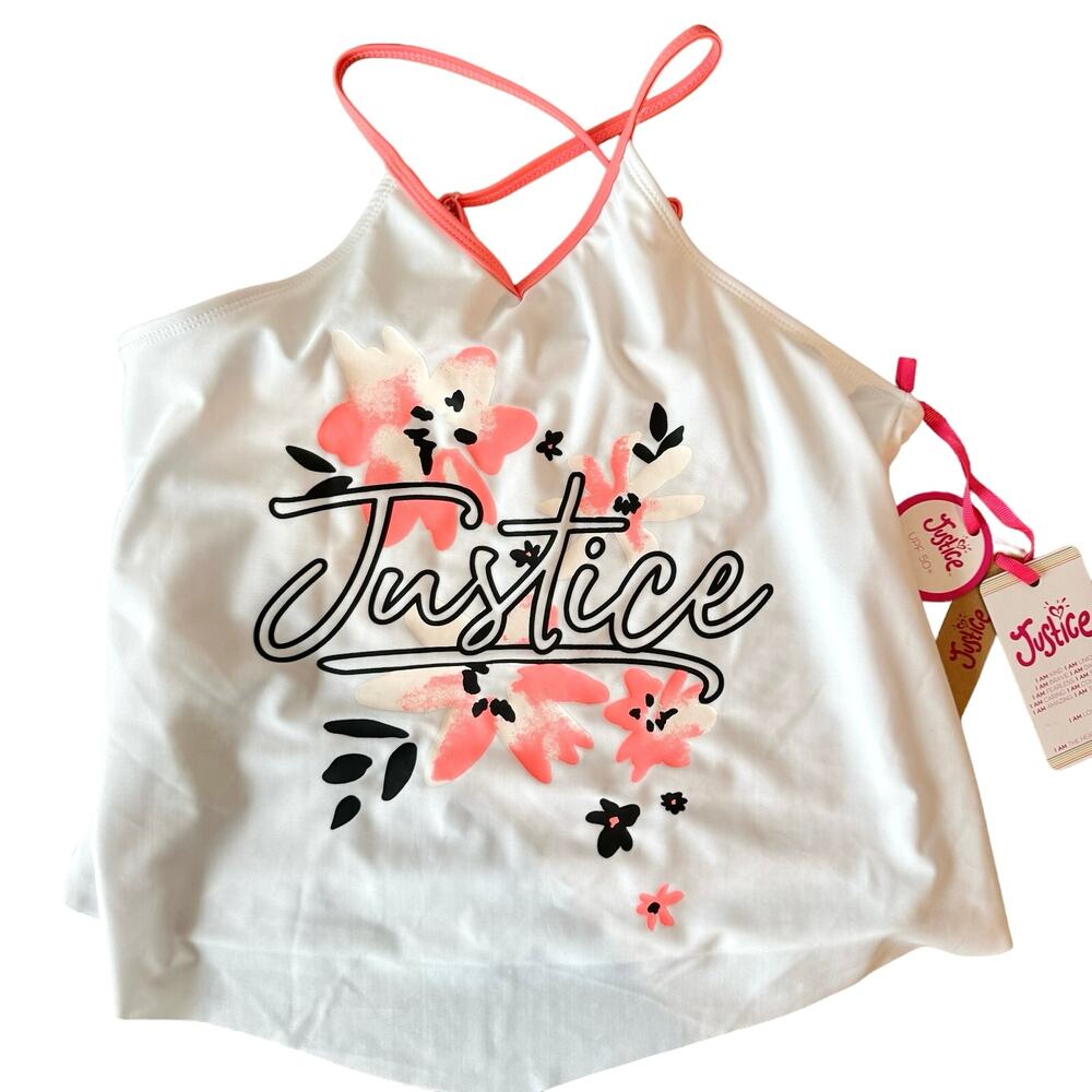 Justice Girls Swimsuit Tankini Top Size Large 12/14 White Pink Floral Adjustable